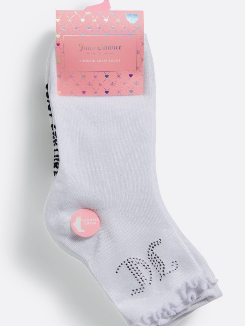 Juicy Couture White Shortie Crew Socks with Crystal 'JC' Logo. Women’s Size 4-10
